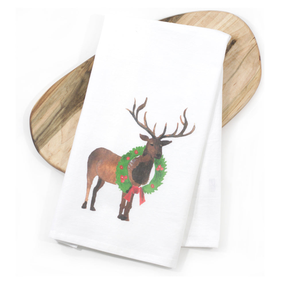 Holiday Elk with Wreath Tea Towel